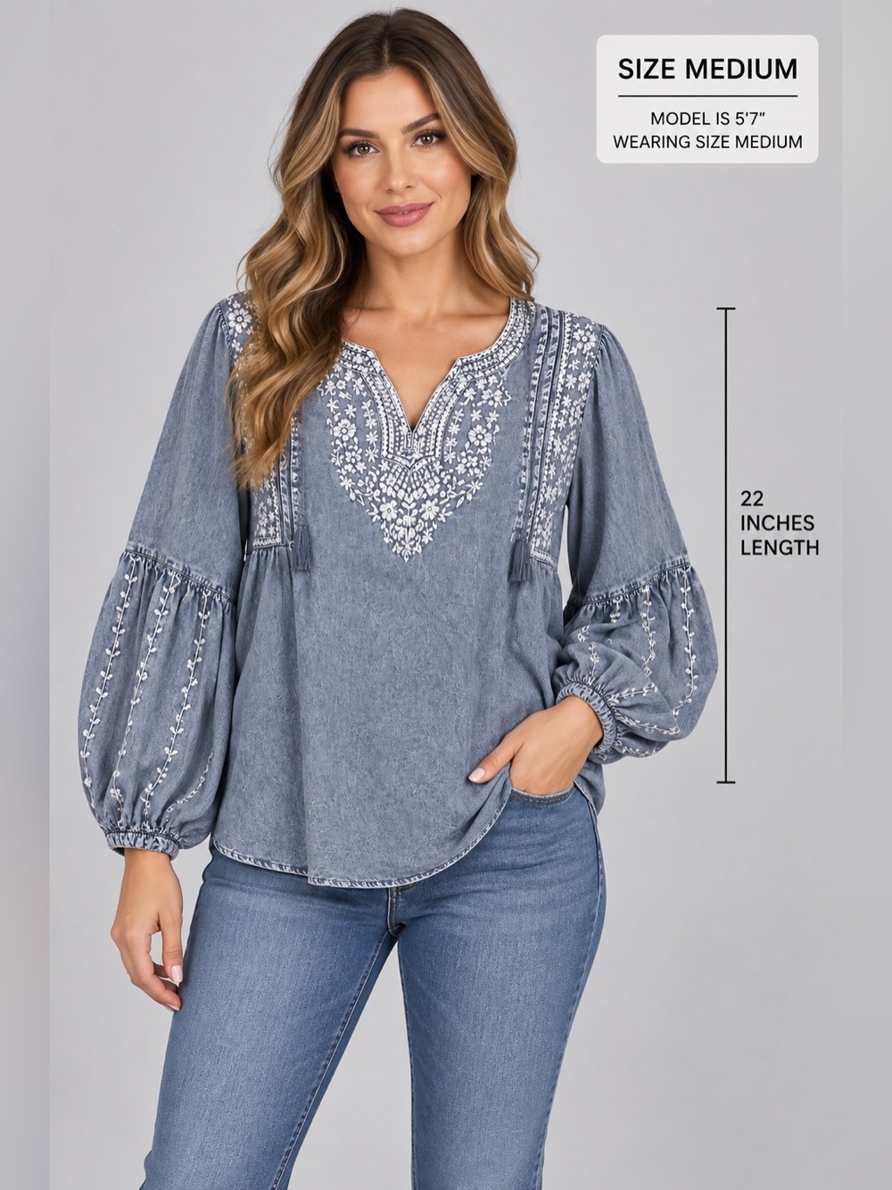 Solitaire Women's Embroidered Boho Blouse -
Blue Gray - Size Medium